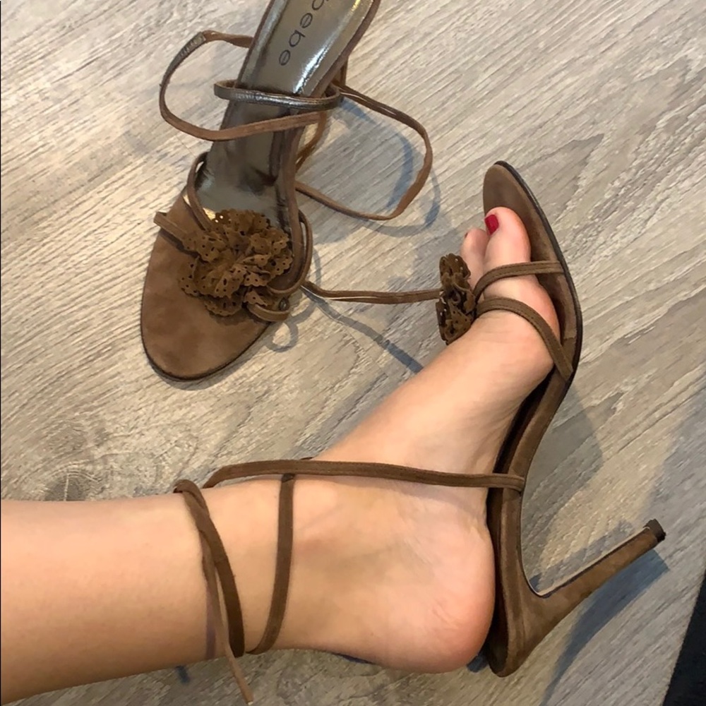 Suede Bebe Flower wrap around heels